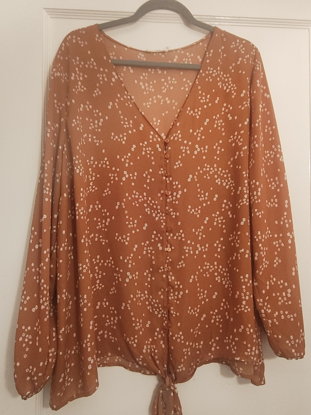 Lush Rust Dot Print Button-Front Tie-Hem Blouse